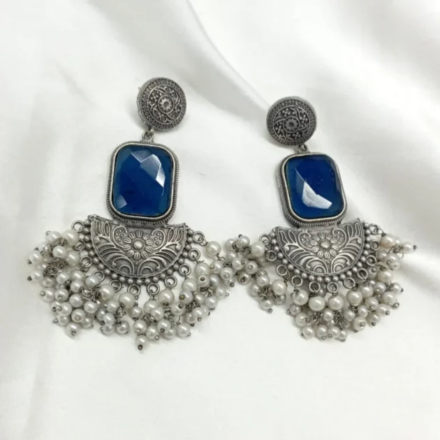 Stunning Oxidized Silver Jhumka With Blue Stone