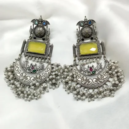 Traditional Oxidized Silver jhumka Earrings with Yellow Stone