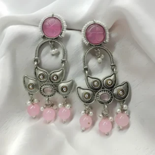 Pink Blossom Silver Drop Earrings with Pearl Accents