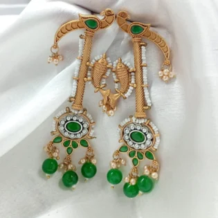 Green Stone Peacock Earrings with Pearl Drops